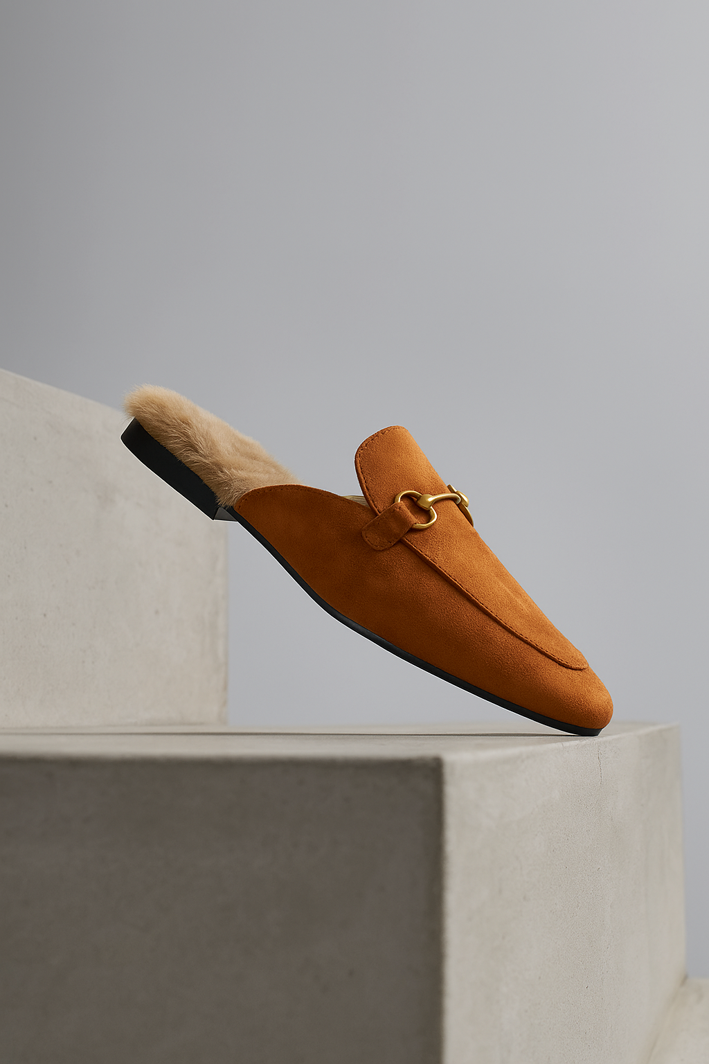 Fur-Lined Suede Mule Slippers with Premium Lamb and Rabbit Fur Lining and Gold-Tone Hardware
