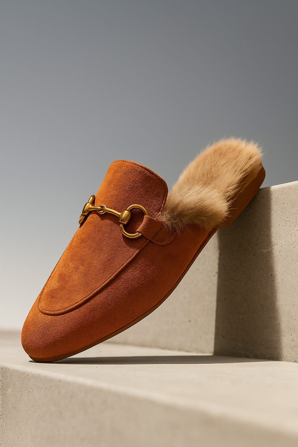 Fur-Lined Suede Mule Slippers with Premium Lamb and Rabbit Fur Lining and Gold-Tone Hardware