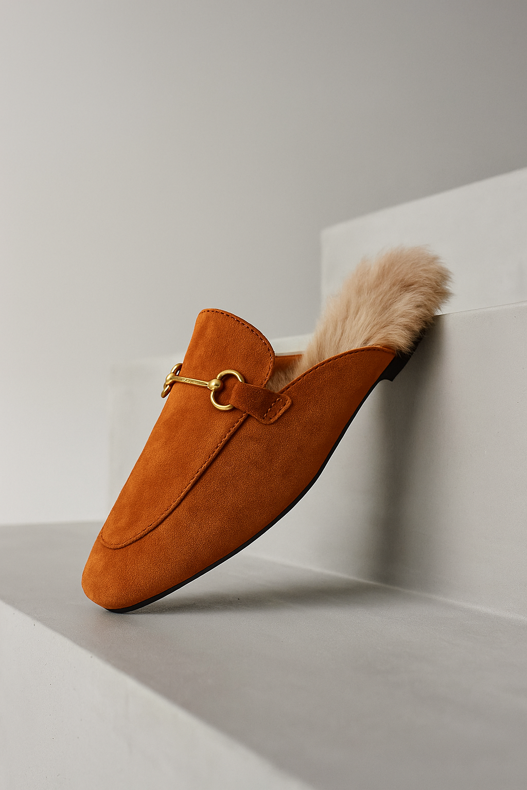 Fur-Lined Suede Mule Slippers with Premium Lamb and Rabbit Fur Lining and Gold-Tone Hardware