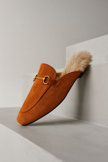 Fur-Lined Suede Mule Slippers with Genuine Lamb and Rabbit Fur Lining and Gold-Tone Hardware