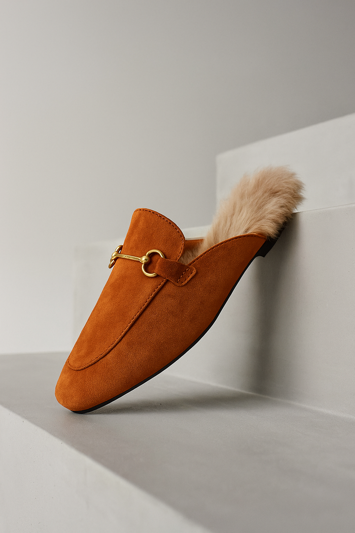 Fur-Lined Suede Mule Slippers with Premium Lamb and Rabbit Fur Lining and Gold-Tone Hardware