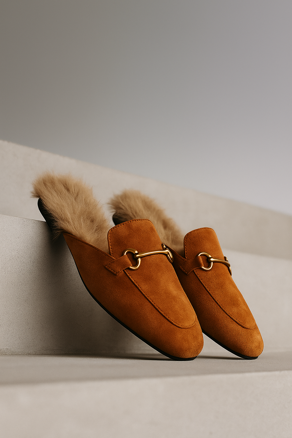 Fur-Lined Suede Mule Slippers with Premium Lamb and Rabbit Fur Lining and Gold-Tone Hardware