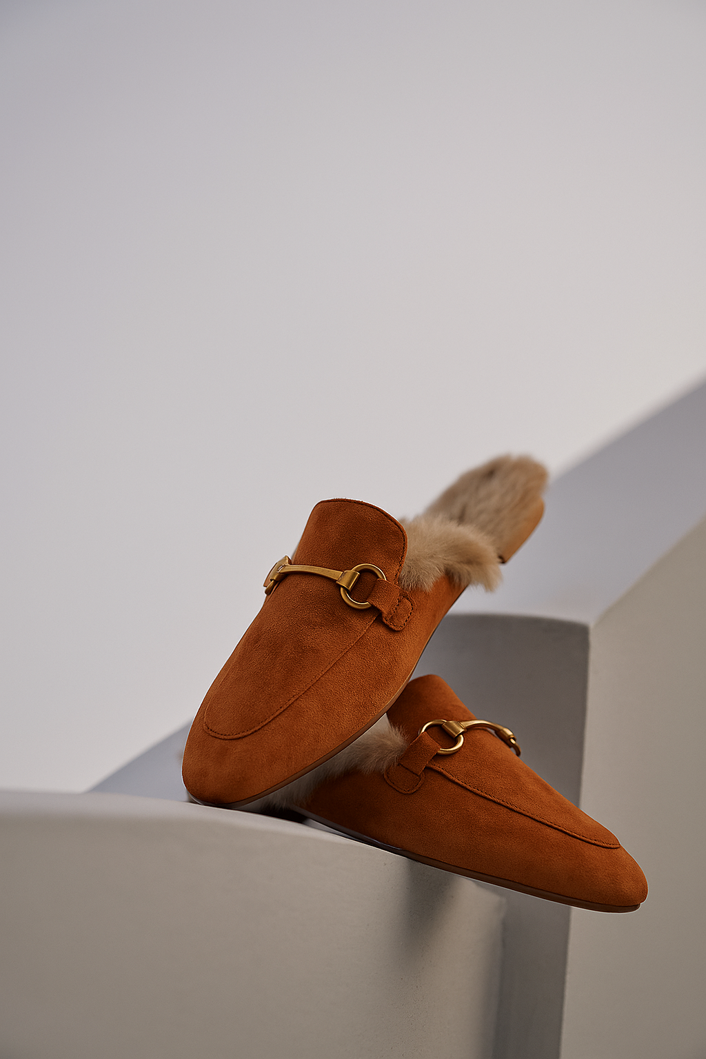 Fur-Lined Suede Mule Slippers with Premium Lamb and Rabbit Fur Lining and Gold-Tone Hardware