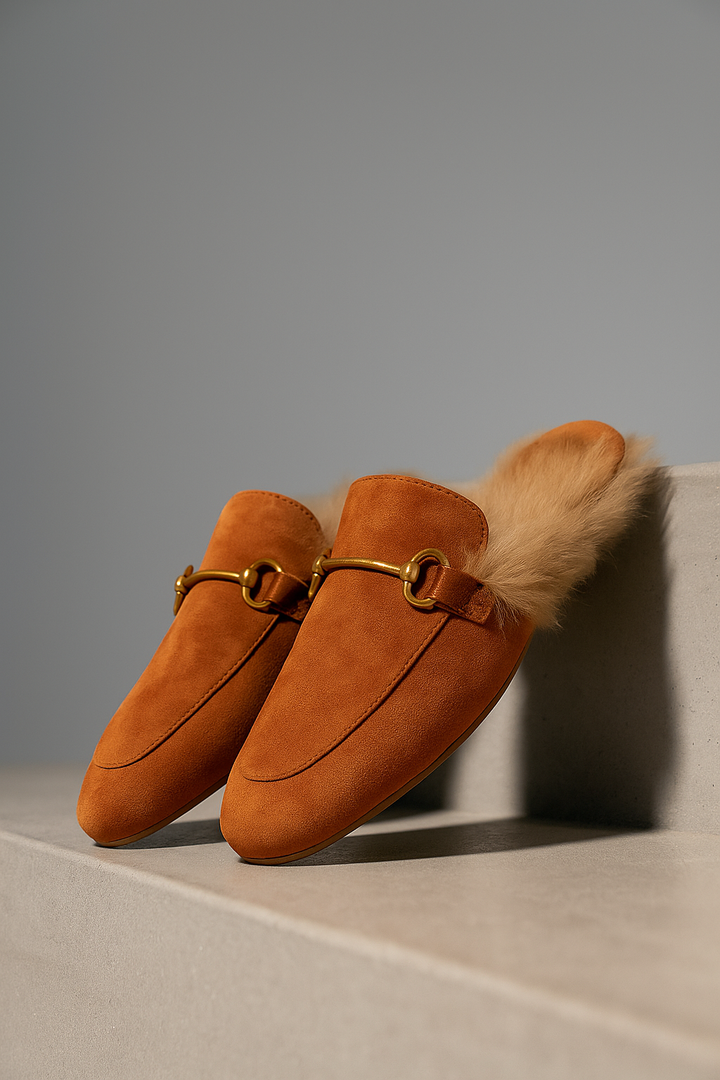 Fur-Lined Suede Mule Slippers with Premium Lamb and Rabbit Fur Lining and Gold-Tone Hardware