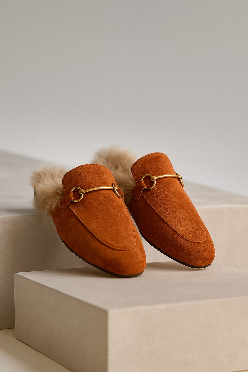 Fur-Lined Suede Mule Slippers with Premium Lamb and Rabbit Fur Lining and Gold-Tone Hardware