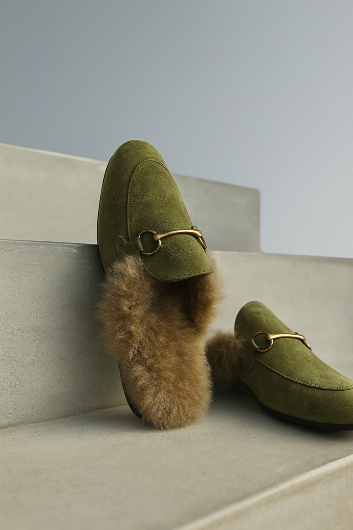 Fur-Lined Suede Mule Slippers with Premium Lamb and Rabbit Fur Lining and Gold-Tone Hardware