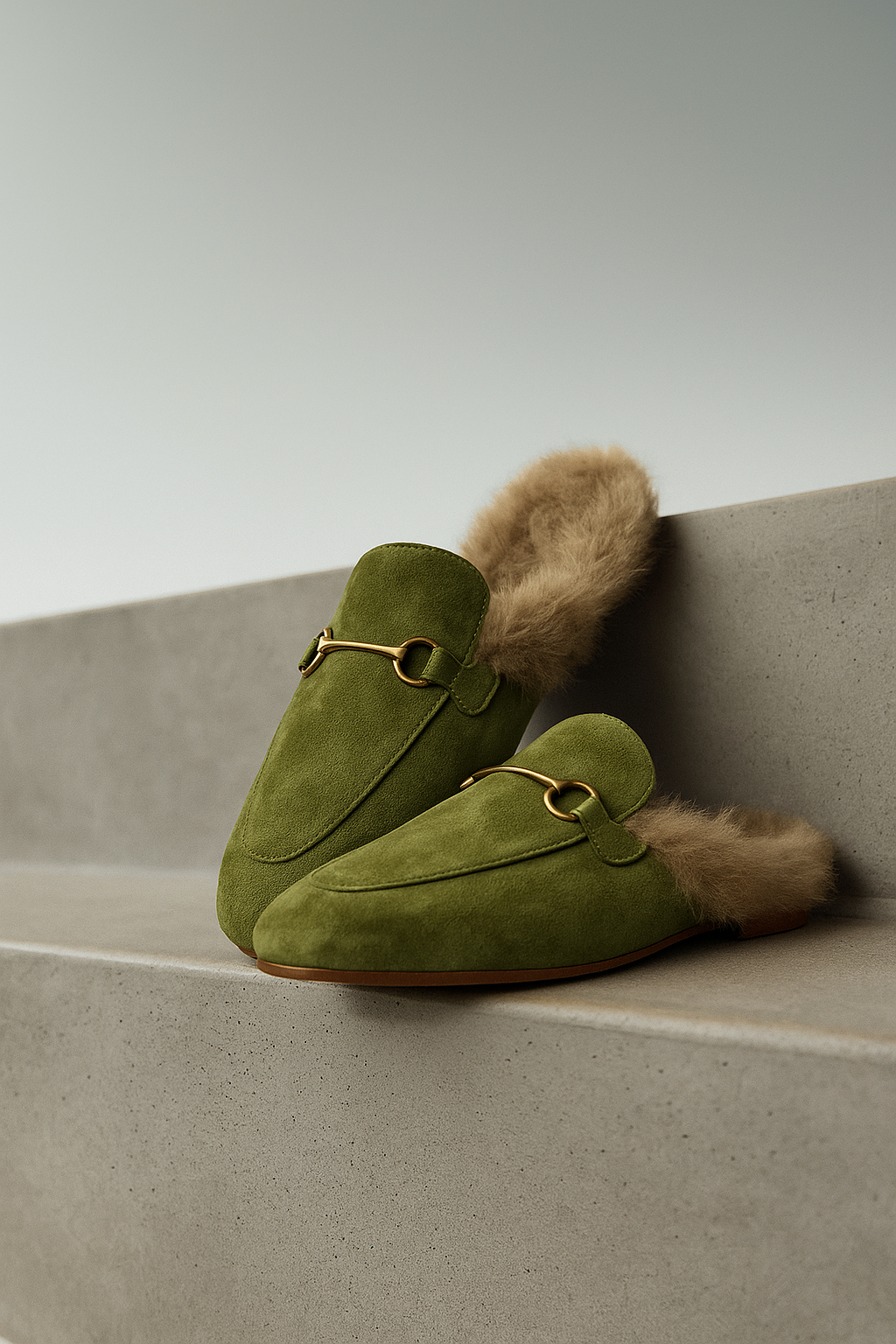 Fur-Lined Suede Mule Slippers with Premium Lamb and Rabbit Fur Lining and Gold-Tone Hardware