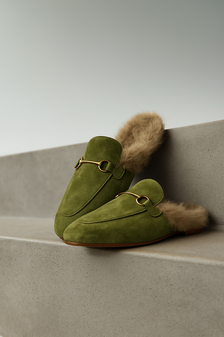 Fur-Lined Suede Mule Slippers with Premium Lamb and Rabbit Fur Lining and Gold-Tone Hardware