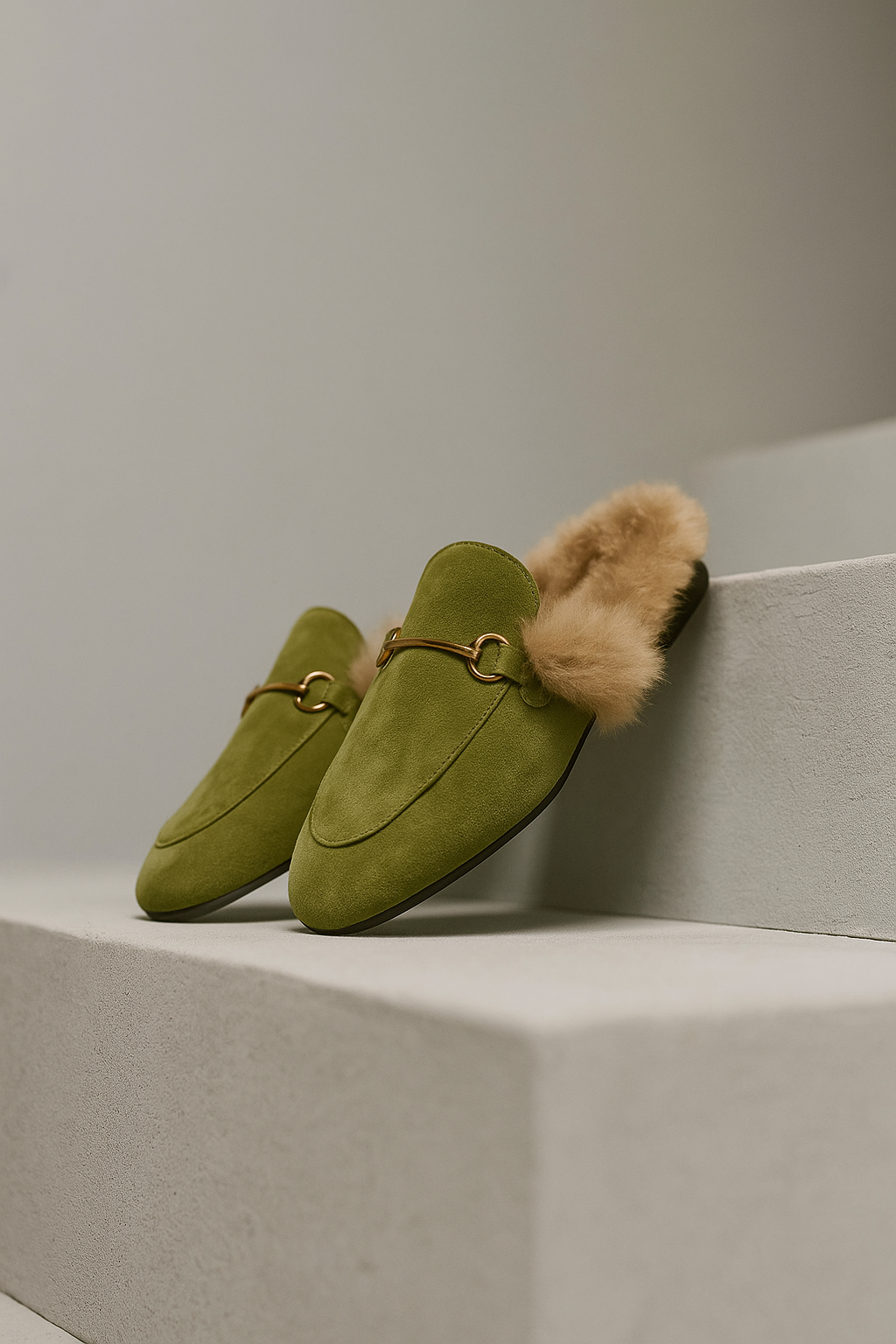 Fur-Lined Suede Mule Slippers with Premium Lamb and Rabbit Fur Lining and Gold-Tone Hardware