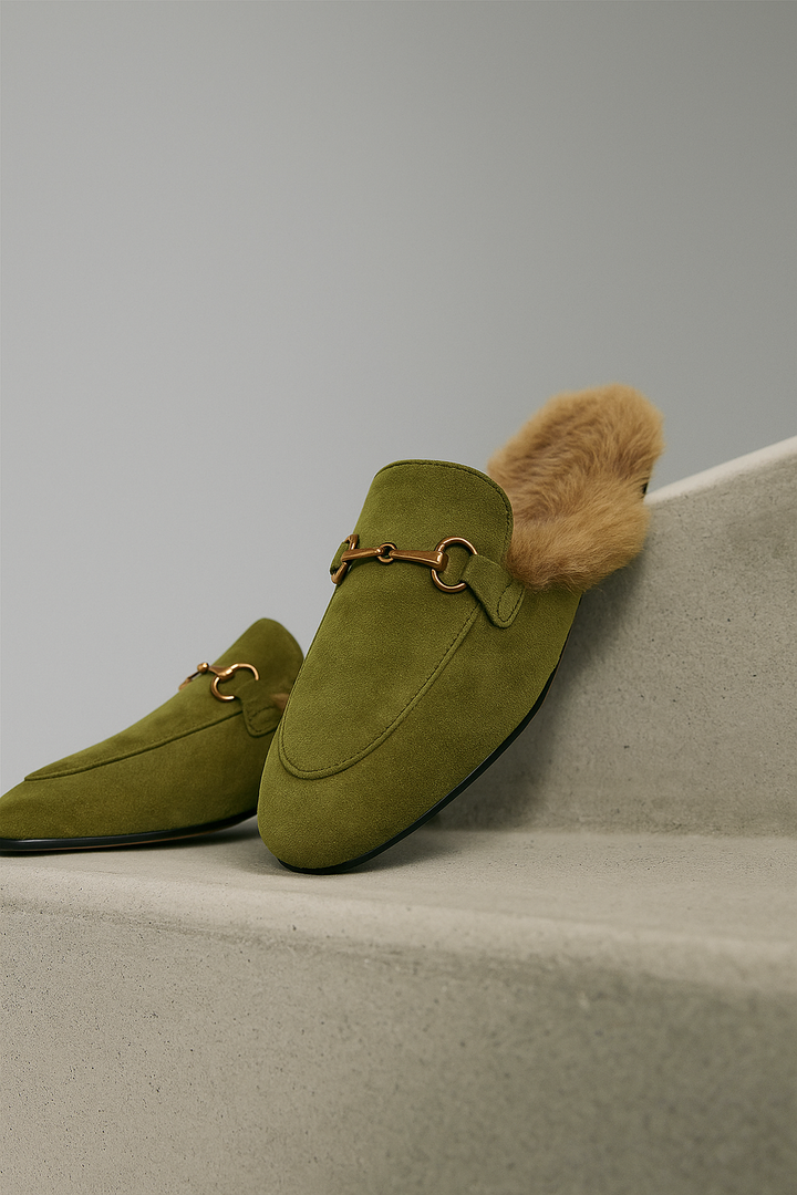 Fur-Lined Suede Mule Slippers with Premium Lamb and Rabbit Fur Lining and Gold-Tone Hardware