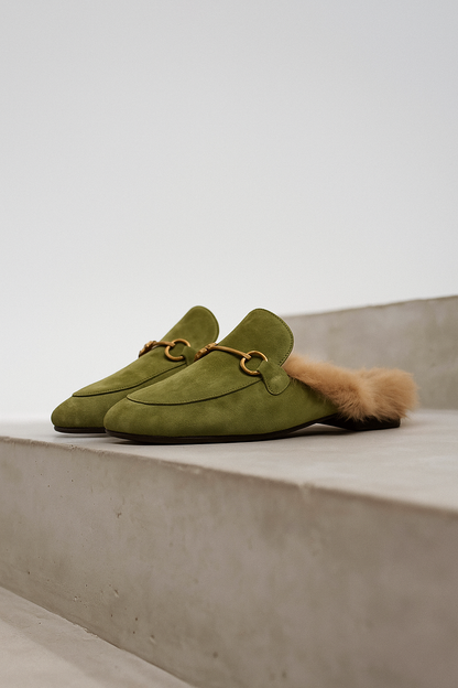 Fur-Lined Suede Mule Slippers with Genuine Lamb and Rabbit Fur Lining and Gold-Tone Hardware