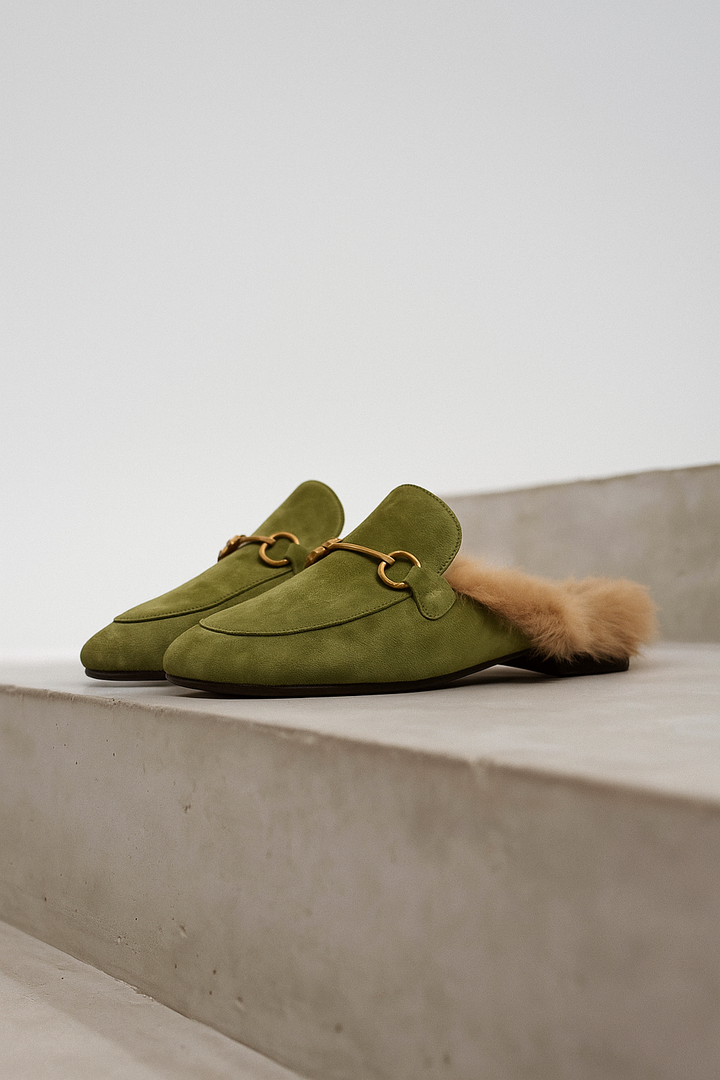 Fur-Lined Suede Mule Slippers with Premium Lamb and Rabbit Fur Lining and Gold-Tone Hardware