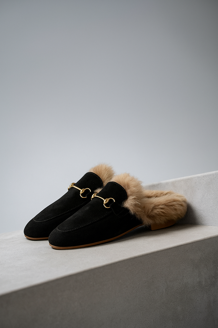 Fur-Lined Suede Mule Slippers with Premium Lamb and Rabbit Fur Lining and Gold-Tone Hardware