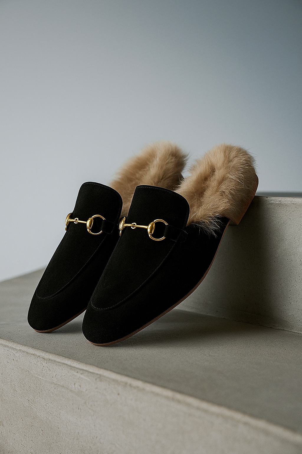 Fur-Lined Suede Mule Slippers with Premium Lamb and Rabbit Fur Lining and Gold-Tone Hardware