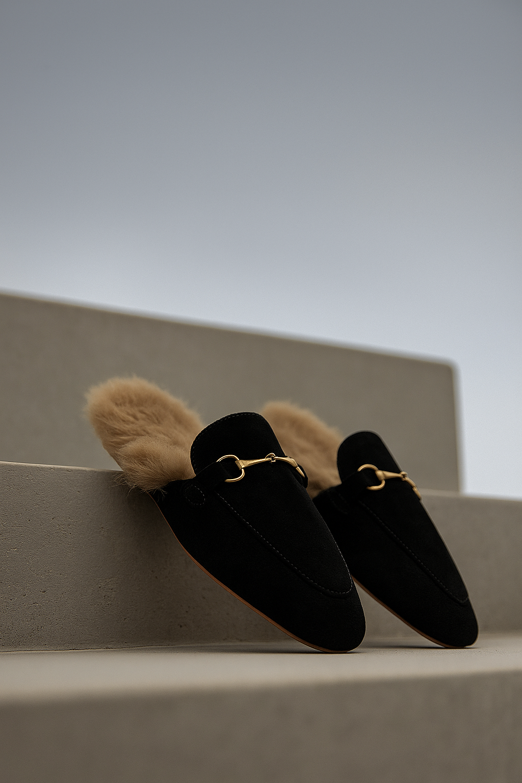 Fur-Lined Suede Mule Slippers with Premium Lamb and Rabbit Fur Lining and Gold-Tone Hardware