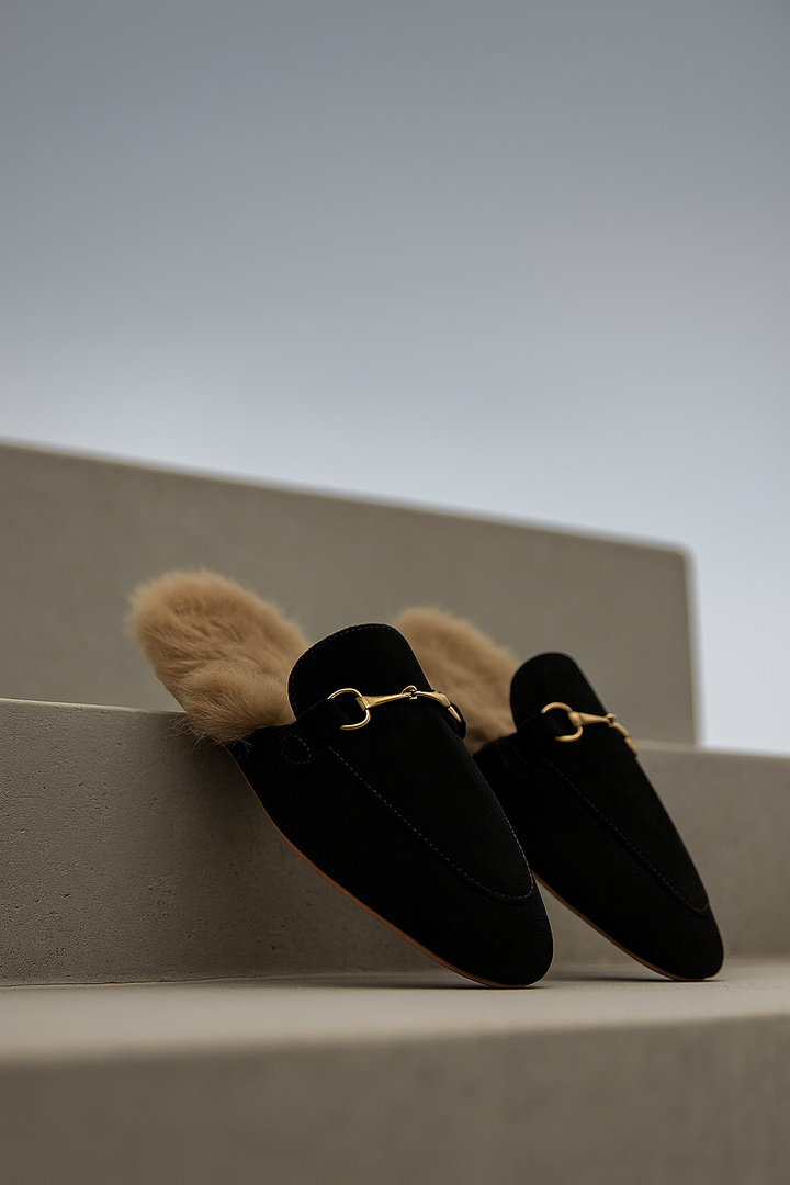 Fur-Lined Suede Mule Slippers with Premium Lamb and Rabbit Fur Lining and Gold-Tone Hardware