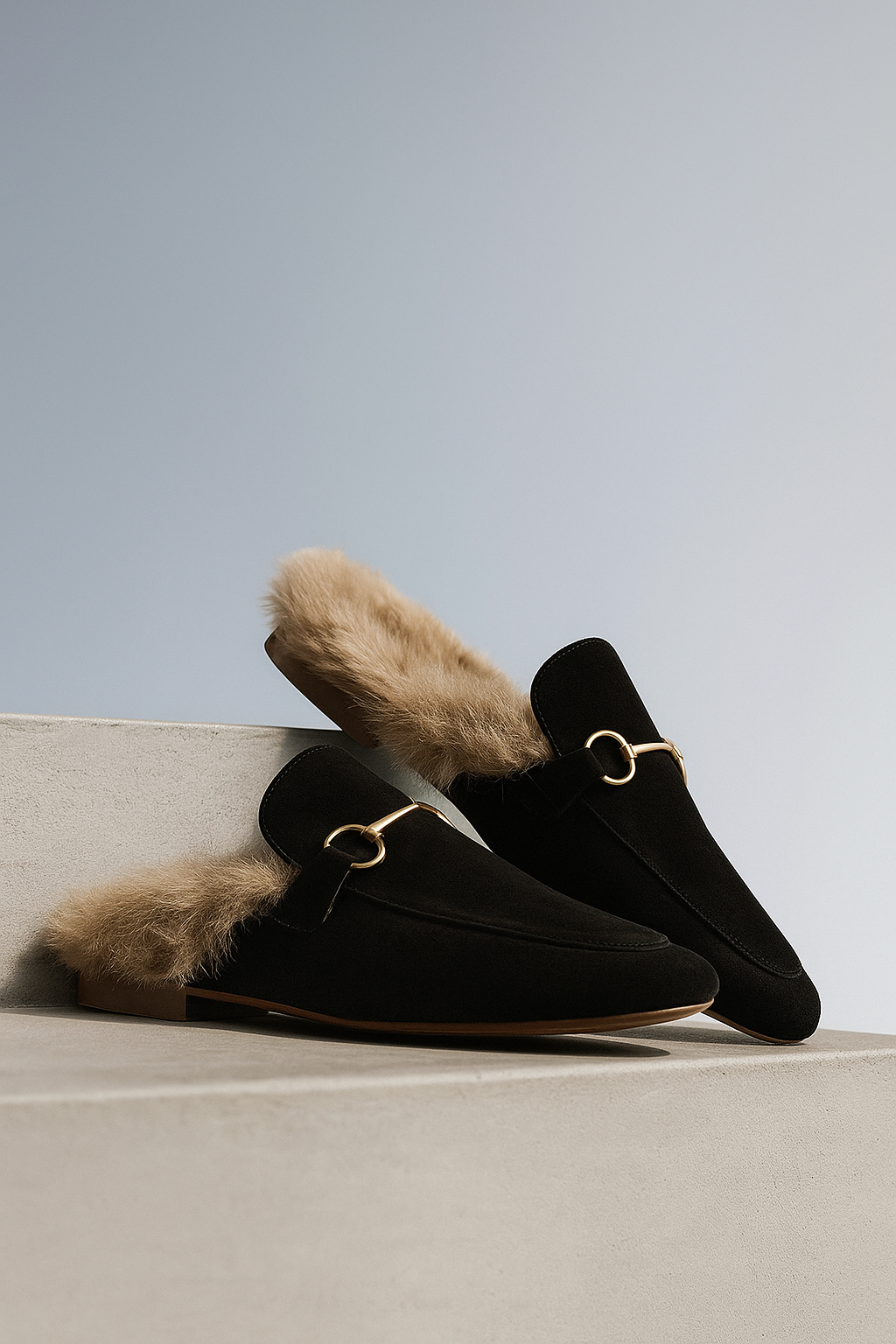 Fur-Lined Suede Mule Slippers with Premium Lamb and Rabbit Fur Lining and Gold-Tone Hardware