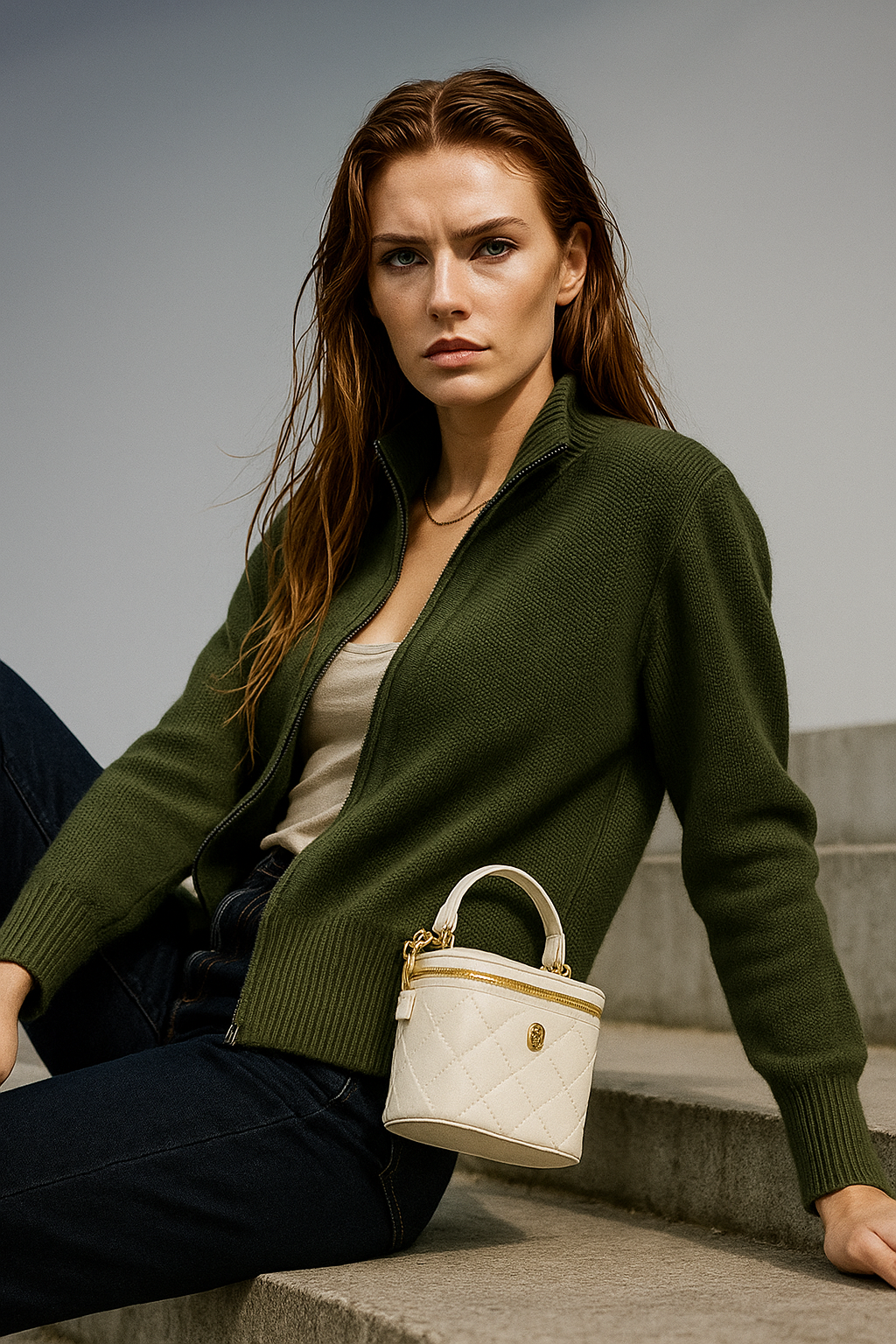 Merino Wool Zip Cardigan with Standing Collar, Double-Zip Closure and Ribbed Knit Texture