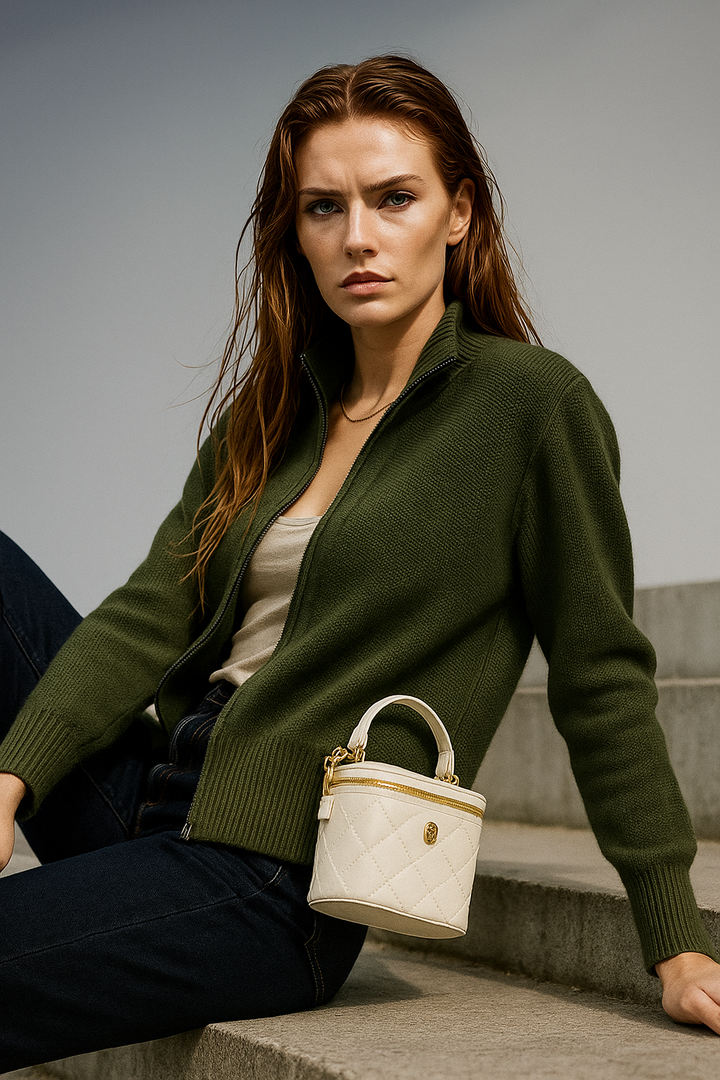 Merino Wool Zip Cardigan with Standing Collar, Double-Zip Closure and Ribbed Knit Texture
