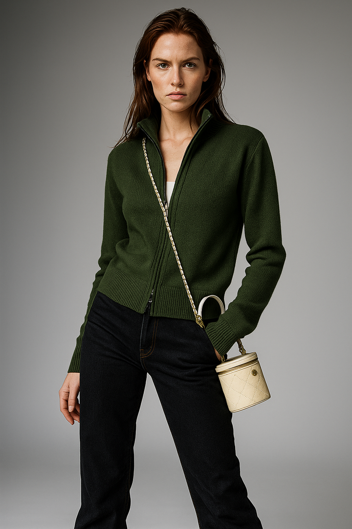 Merino Wool Zip Cardigan with Standing Collar, Double-Zip Closure and Ribbed Knit Texture
