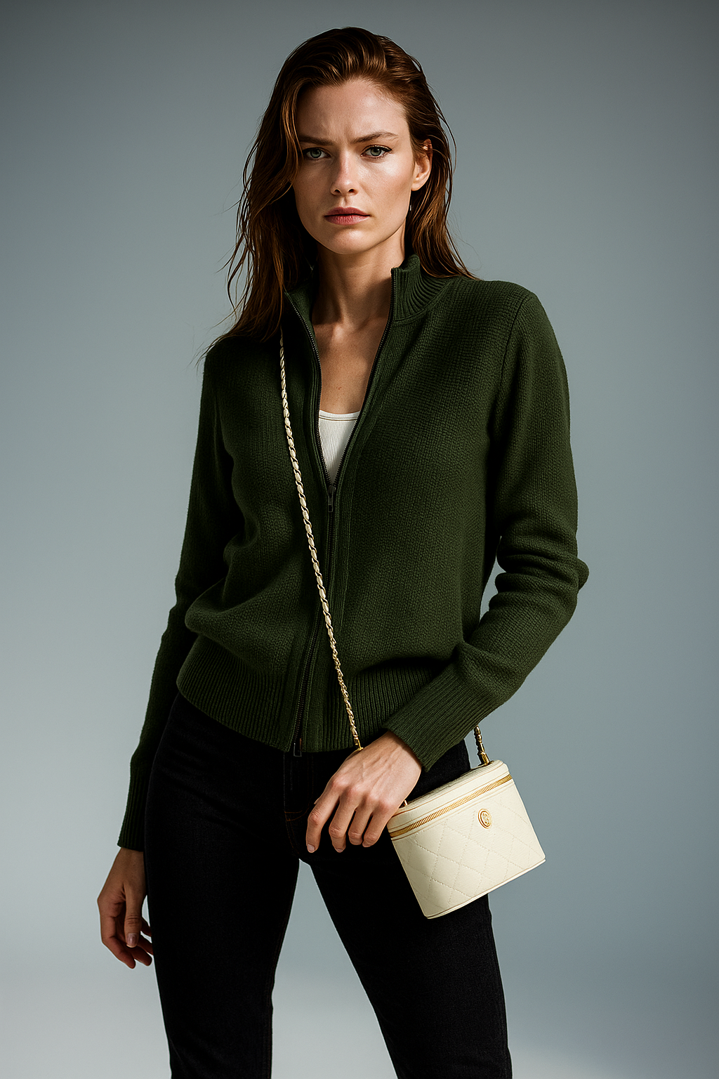 Merino Wool Zip Cardigan with Standing Collar, Double-Zip Closure and Ribbed Knit Texture
