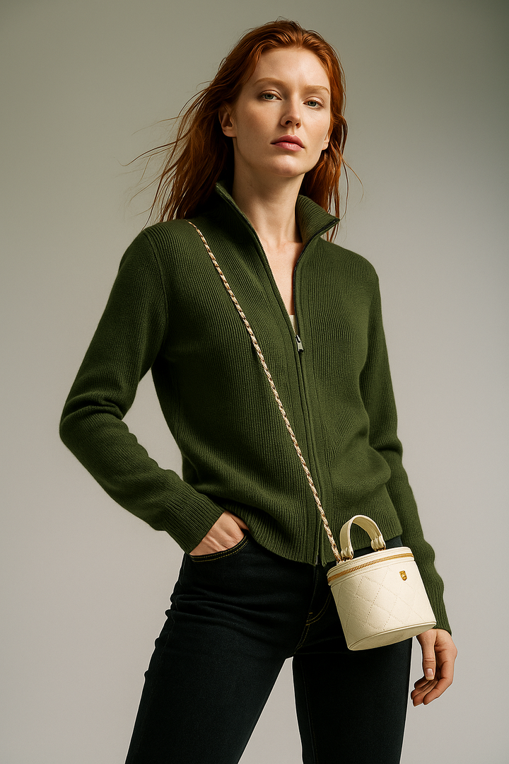 Merino Wool Zip Cardigan with Standing Collar, Double-Zip Closure and Ribbed Knit Texture