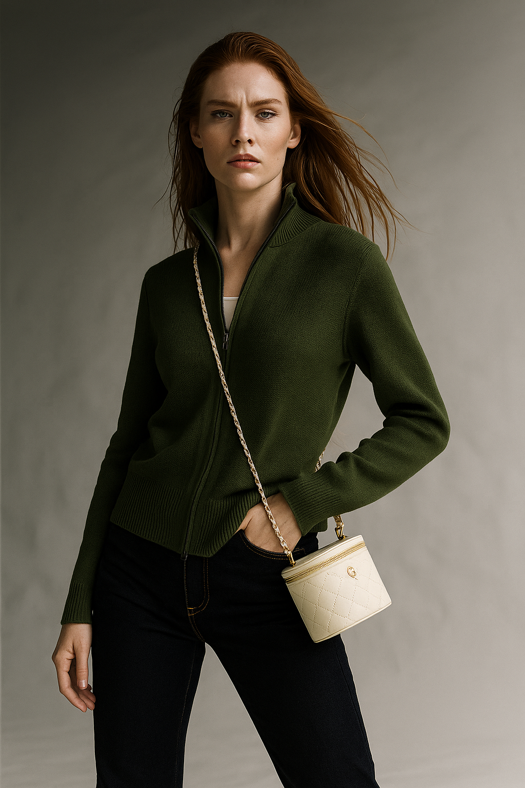 Merino Wool Zip Cardigan with Standing Collar, Double-Zip Closure and Ribbed Knit Texture