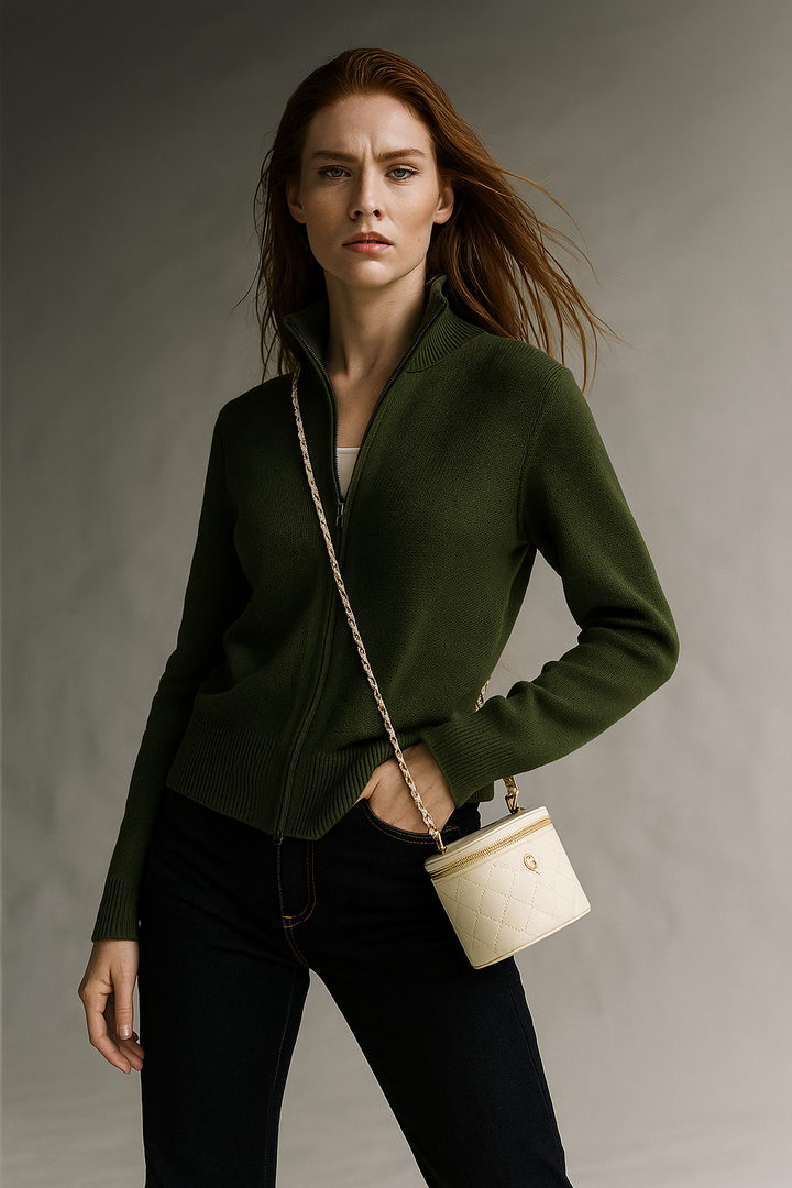 Merino Wool Zip Cardigan with Standing Collar, Double-Zip Closure and Ribbed Knit Texture