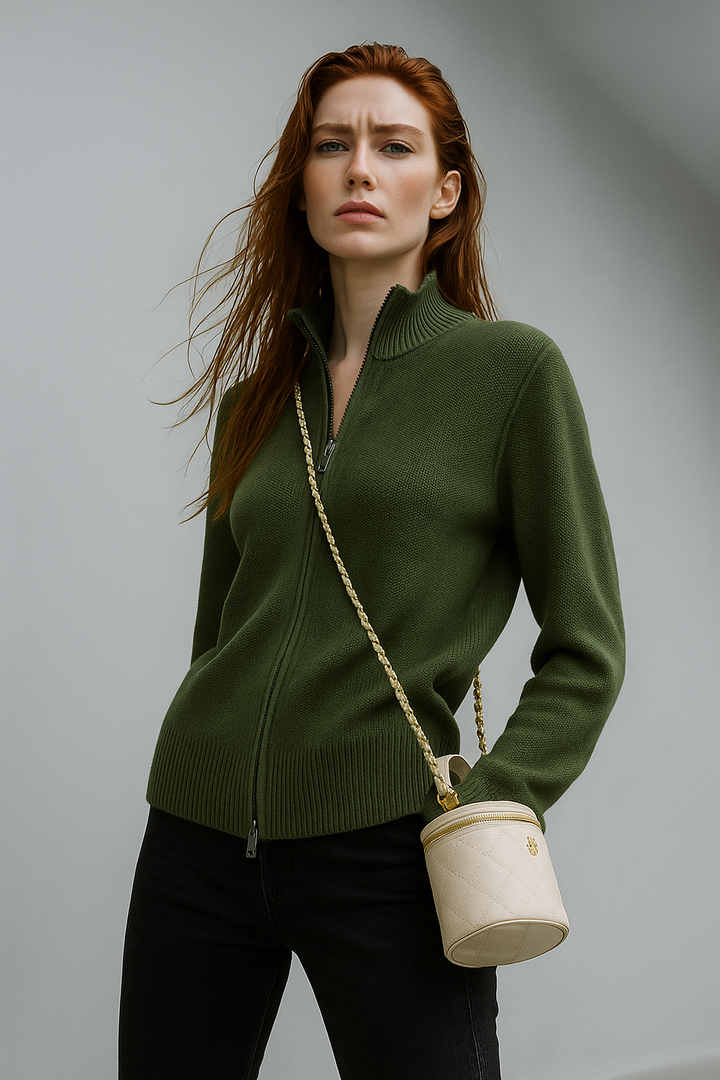 Merino Wool Zip Cardigan with Standing Collar, Double-Zip Closure and Ribbed Knit Texture