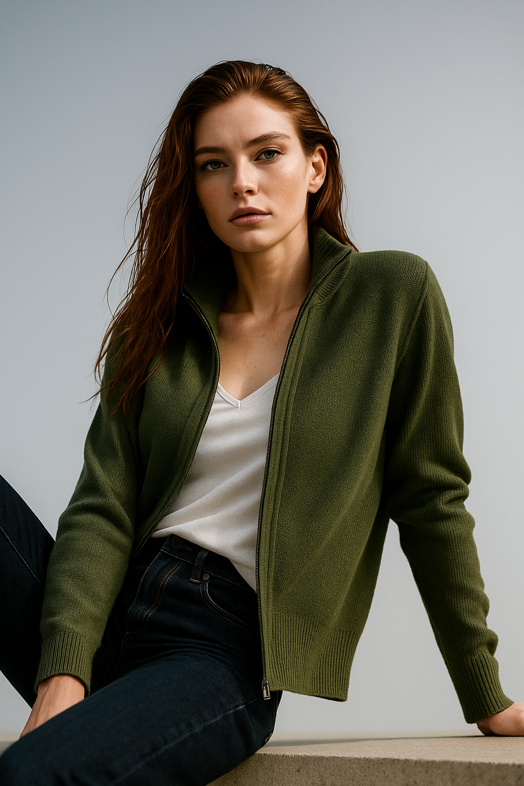 Merino Wool Zip Cardigan with Standing Collar, Double-Zip Closure and Ribbed Knit Texture
