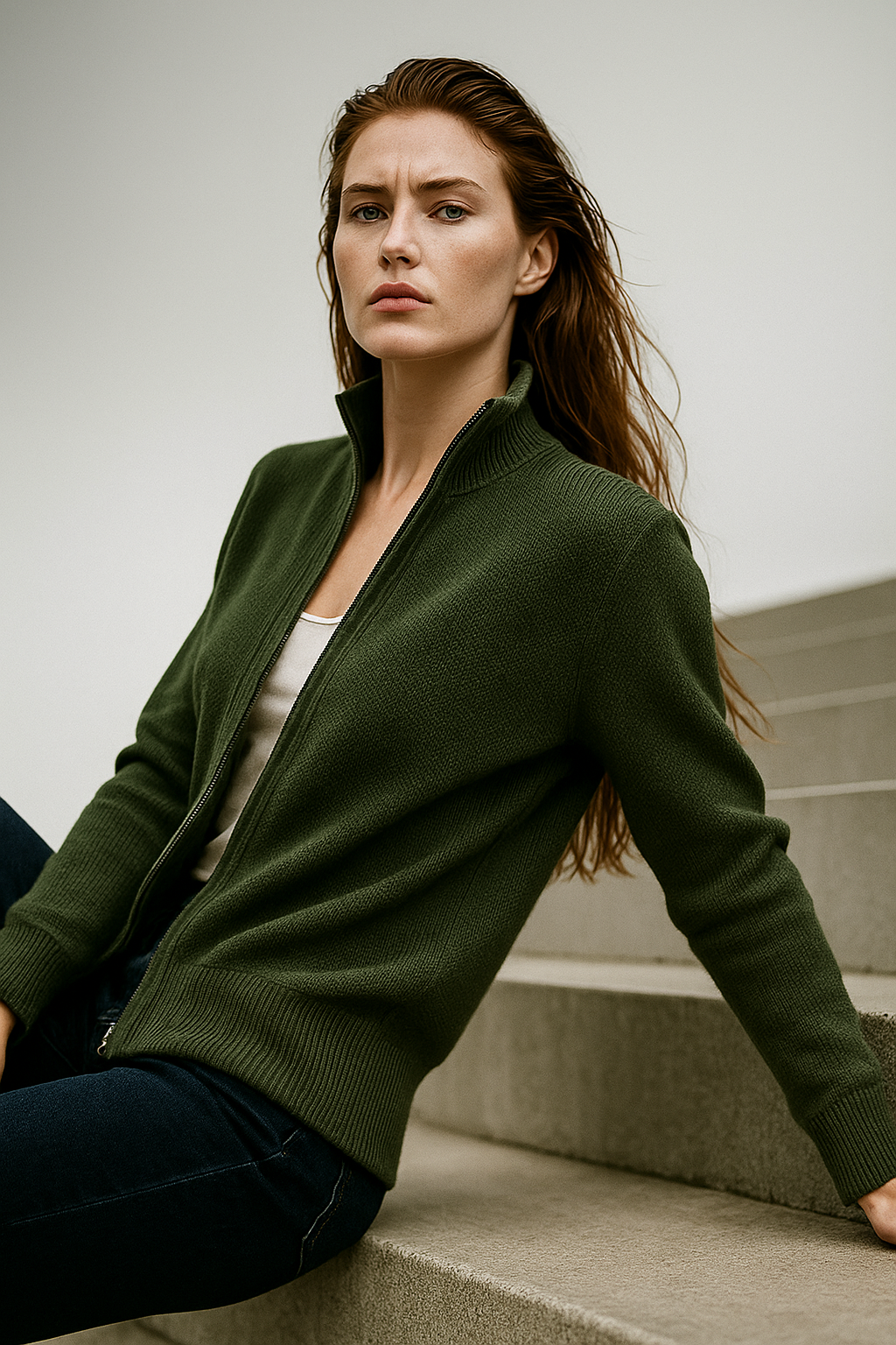 Merino Wool Zip Cardigan with Standing Collar, Double-Zip Closure and Ribbed Knit Texture