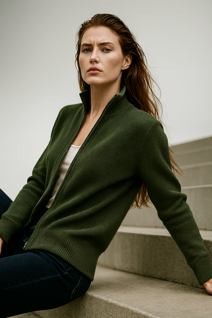 Merino Wool Zip Cardigan with Standing Collar, Double-Zip Closure and Ribbed Knit Texture