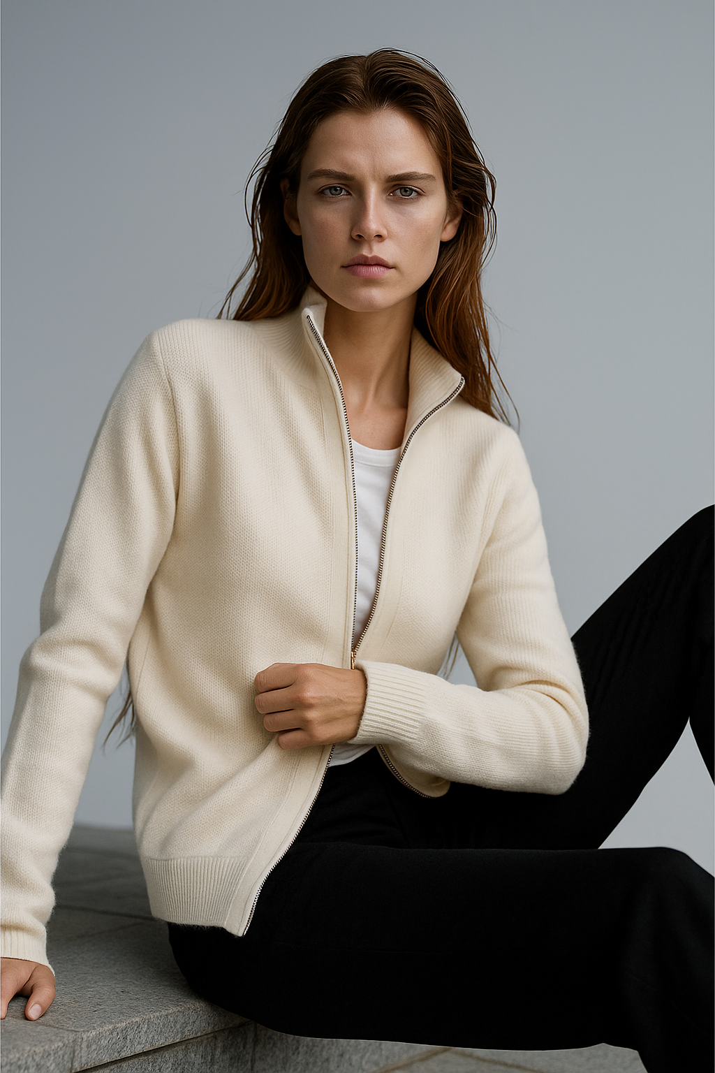 Merino Wool Zip Cardigan with Standing Collar, Double-Zip Closure and Ribbed Knit Texture