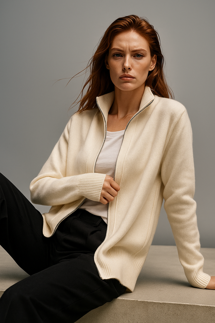 Merino Wool Zip Cardigan with Standing Collar, Double-Zip Closure and Ribbed Knit Texture