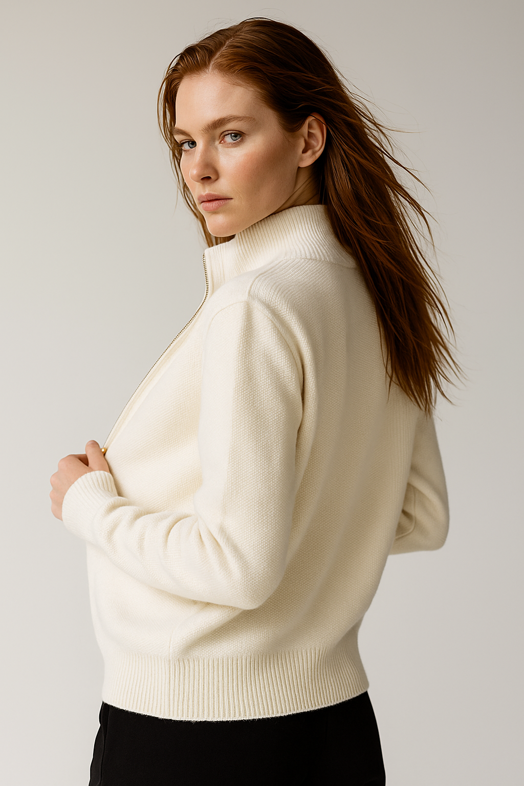 Merino Wool Zip Cardigan with Standing Collar, Double-Zip Closure and Ribbed Knit Texture