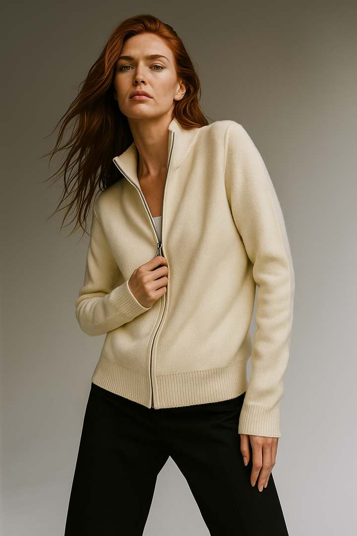 Merino Wool Zip Cardigan with Standing Collar, Double-Zip Closure and Ribbed Knit Texture