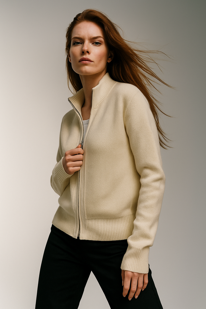 Merino Wool Zip Cardigan with Standing Collar, Double-Zip Closure and Ribbed Knit Texture