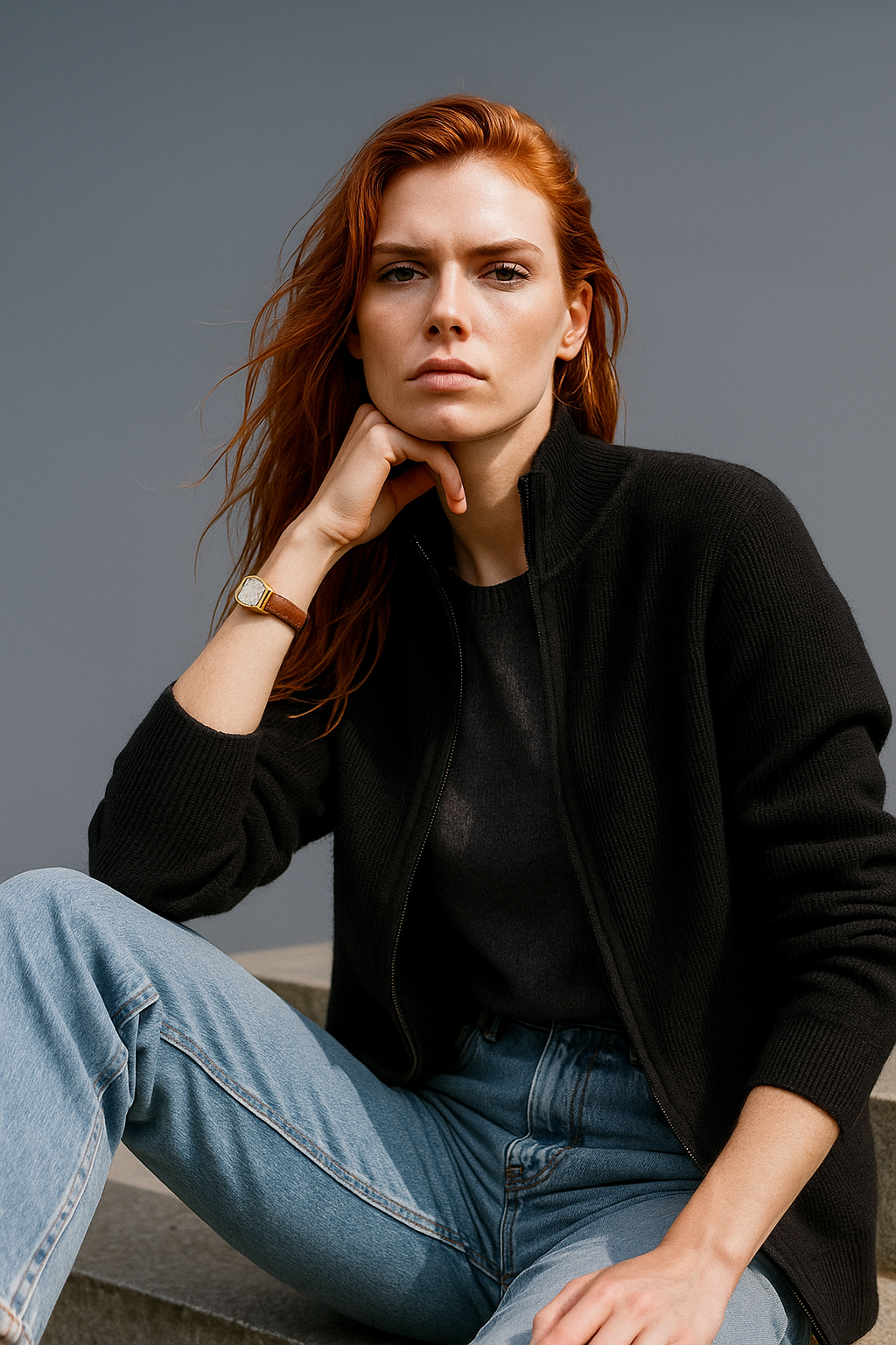 Merino Wool Zip Cardigan with Standing Collar, Double-Zip Closure and Ribbed Knit Texture