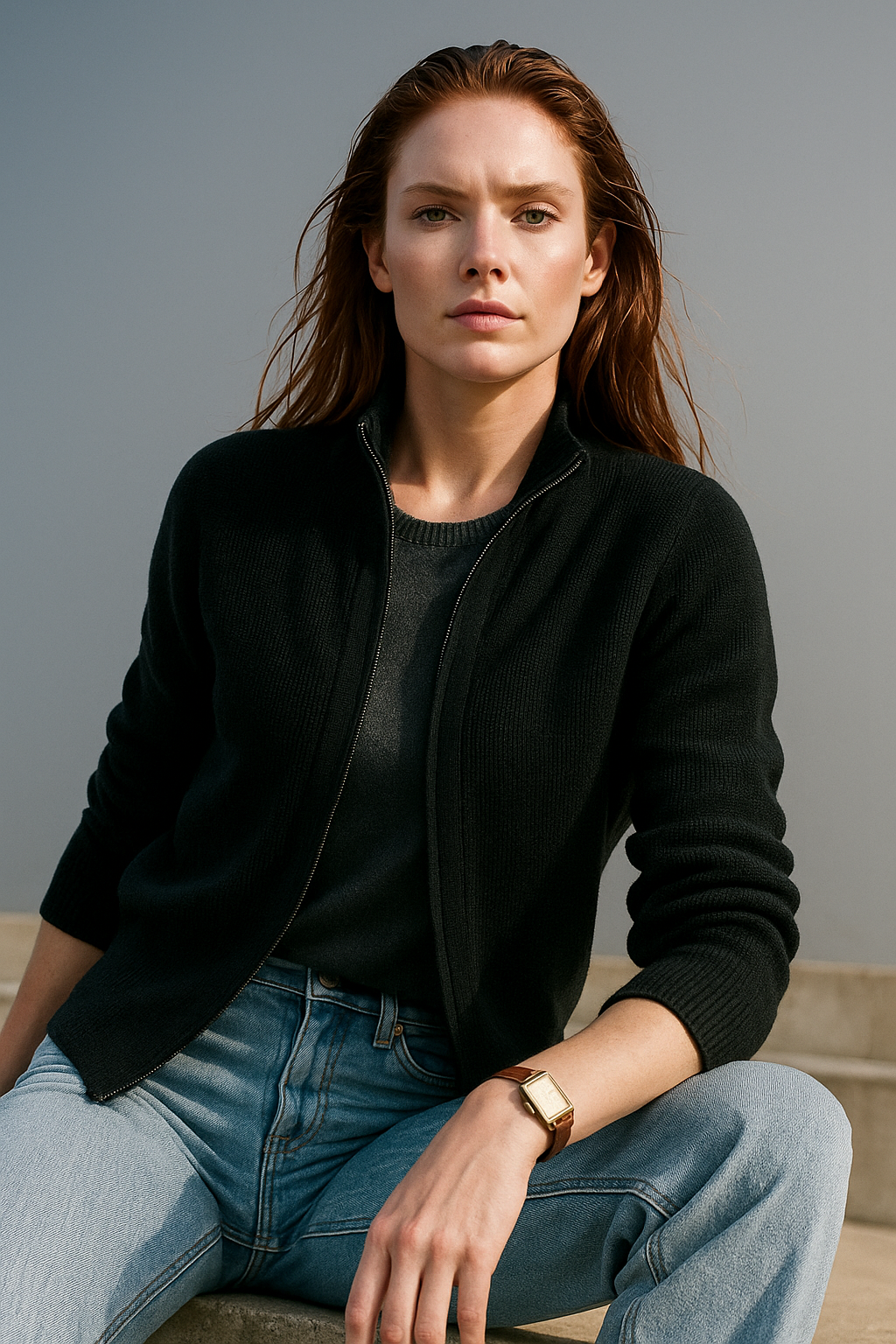 Merino Wool Zip Cardigan with Standing Collar, Double-Zip Closure and Ribbed Knit Texture