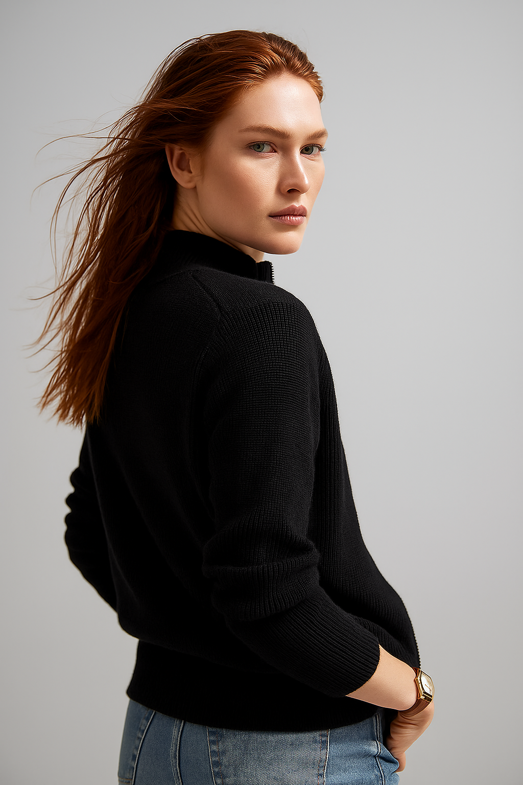 Merino Wool Zip Cardigan with Standing Collar, Double-Zip Closure and Ribbed Knit Texture