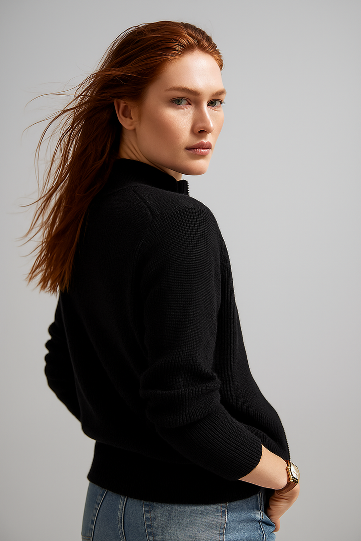 Merino Wool Zip Cardigan with Standing Collar, Double-Zip Closure and Ribbed Knit Texture