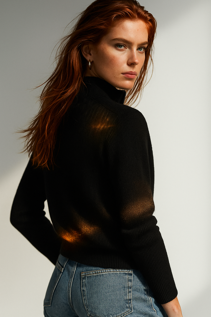 Merino Wool Zip Cardigan with Standing Collar, Double-Zip Closure and Ribbed Knit Texture