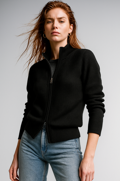 Merino Wool Zip Cardigan with Standing Collar, Double-Zip Closure and Ribbed Knit Texture