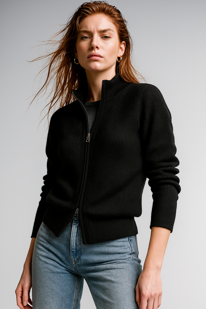 Merino Wool Zip Cardigan with Standing Collar, Double-Zip Closure and Ribbed Knit Texture