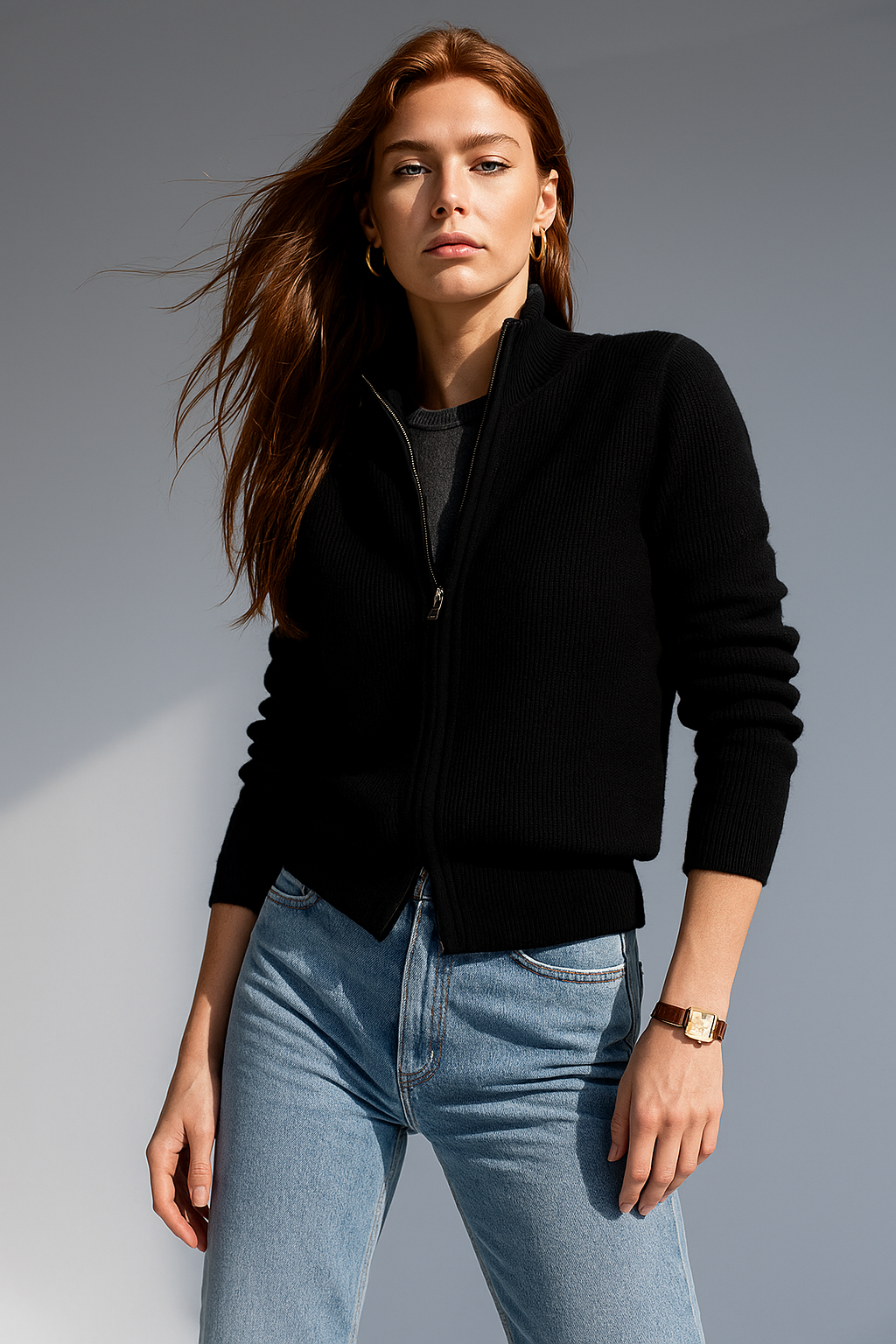 Merino Wool Zip Cardigan with Standing Collar, Double-Zip Closure and Ribbed Knit Texture