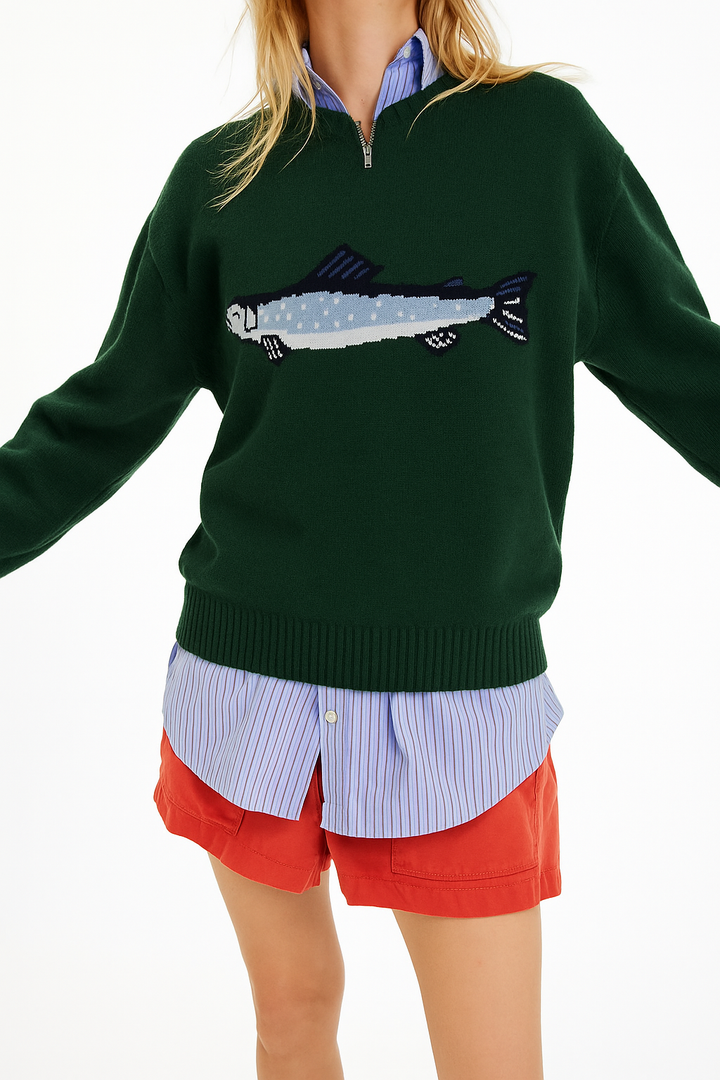 Half-Zip Wool-Blend Sweater with Intarsia Fish Motif, Ribbed Cuffs, and Relaxed Oversized Fit