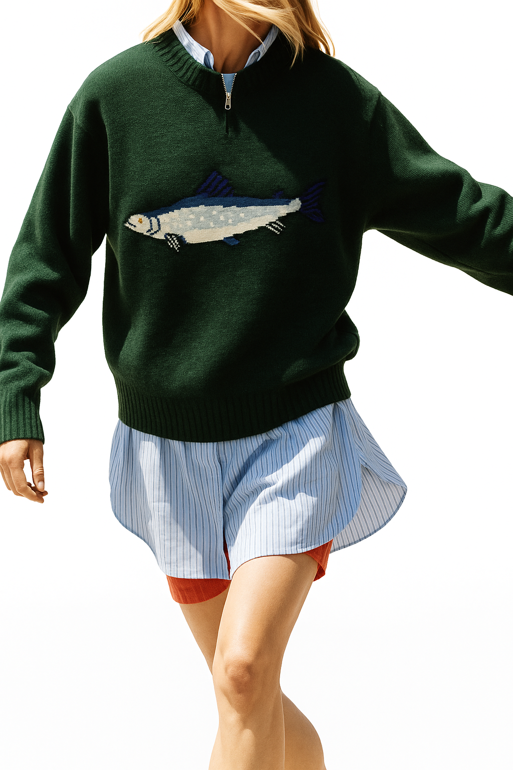 Half-Zip Wool-Blend Sweater with Intarsia Fish Motif, Ribbed Cuffs, and Relaxed Oversized Fit