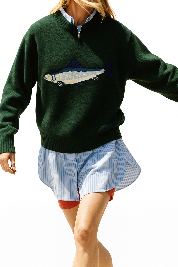 Half-Zip Wool-Blend Sweater with Intarsia Fish Motif, Ribbed Cuffs, and Relaxed Oversized Fit