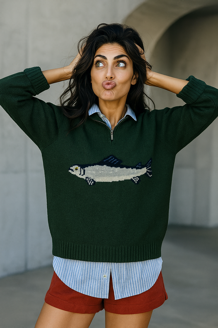 Half-Zip Wool-Blend Sweater with Intarsia Fish Motif, Ribbed Cuffs, and Relaxed Oversized Fit