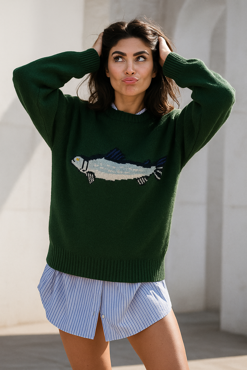 Half-Zip Wool-Blend Sweater with Intarsia Fish Motif, Ribbed Cuffs, and Relaxed Oversized Fit